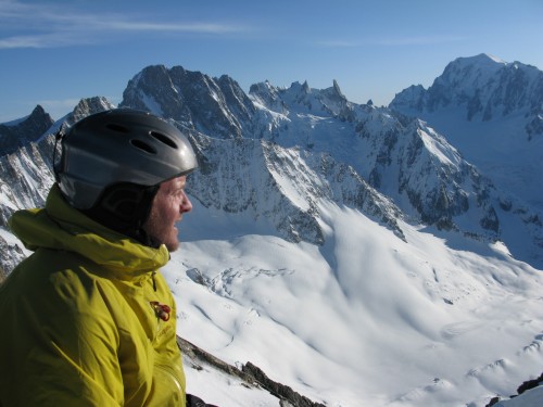 Nick on the summit (les Grandes Jorasse off centre and Mont Blanc du Tacul far right)