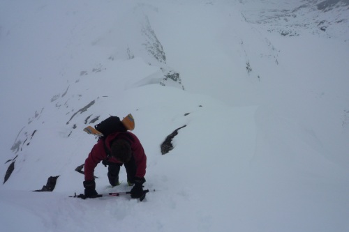 Me scrambling up the ridge to get to the couloir entrance courtesy of Lars Thomas Nordby