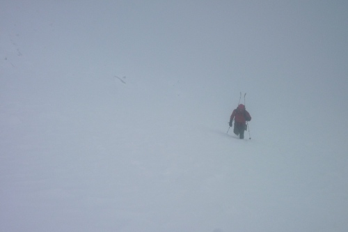 Approaching the summit in a whiteout.